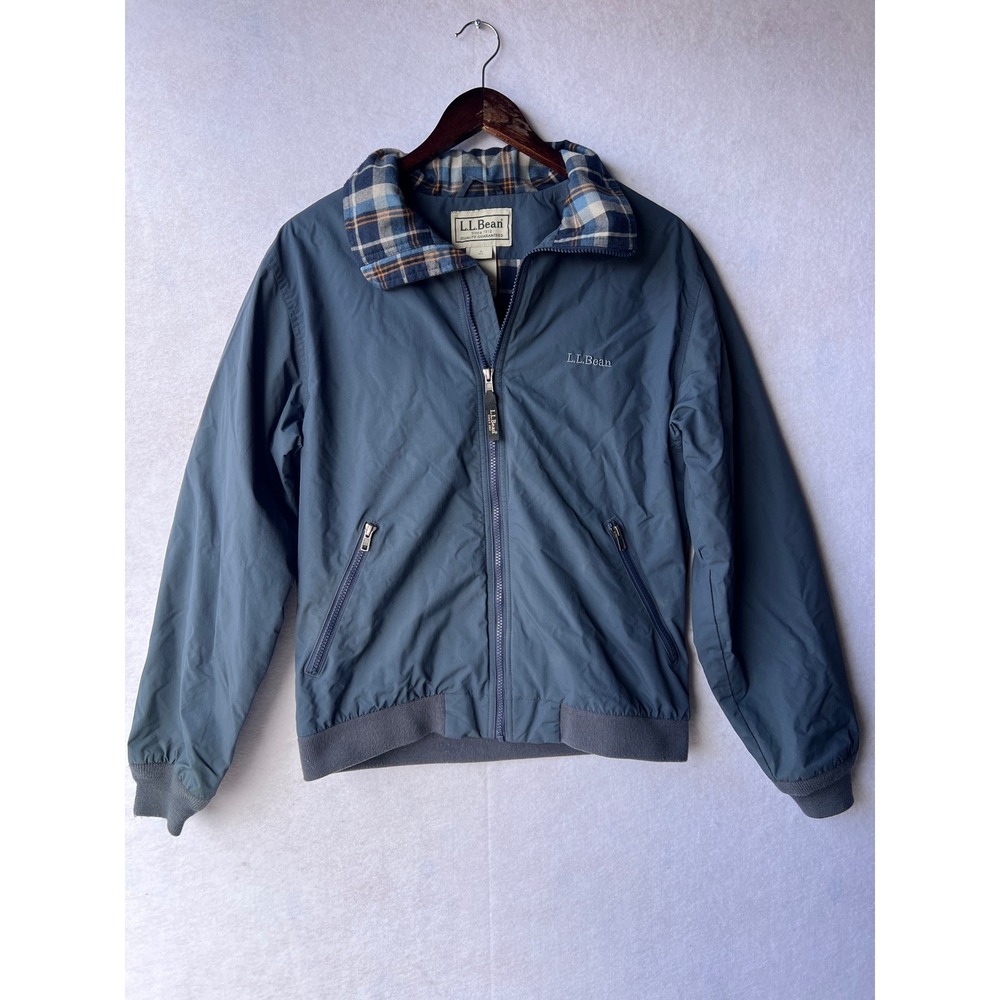 LL Bean Warm-Up Jacket Mens Small Blue Plaid Flannel Lined Nylon Windbreaker